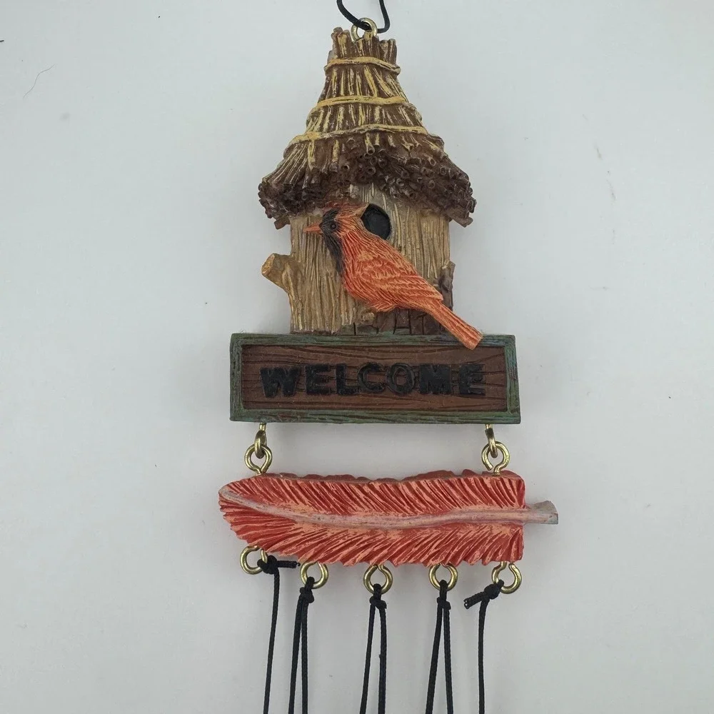 Cardinal Birdhouse‎ Welcome Wind Chime Rustic Nature Garden Decor Red Feather
